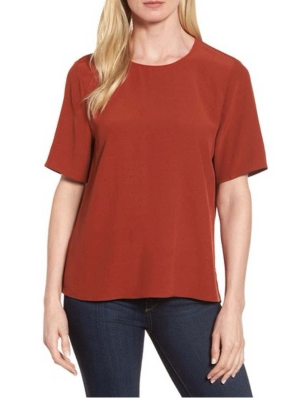 Eileen Fisher Rust Orange Tencel Blend Short Sleeve Crepe Top